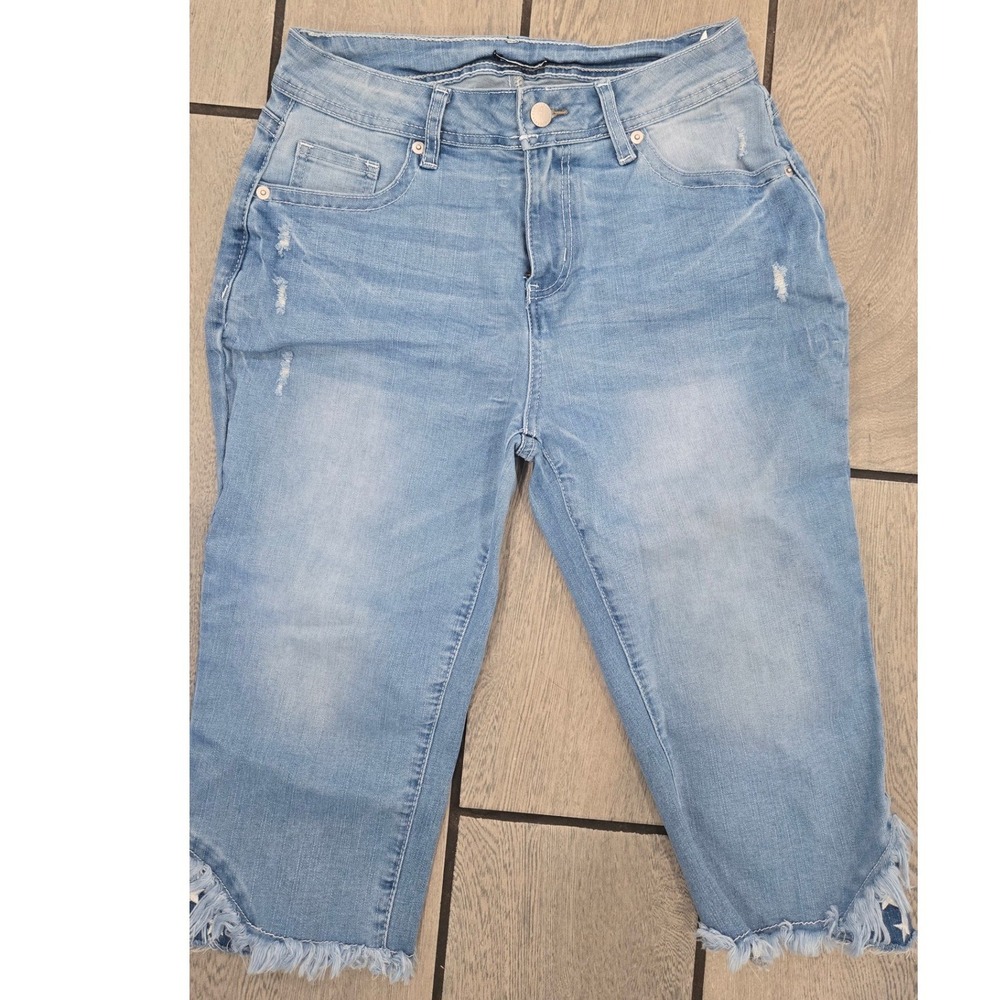 Flamingals Americana Star Stripe Distressed Capri Jeans Light Wash Denim Sz M